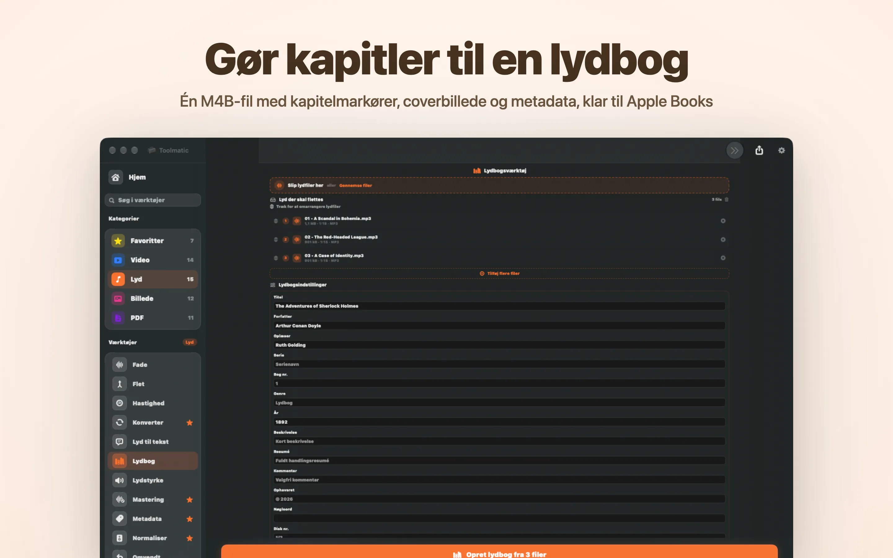 Lydbogsværktøj, én M4B med kapitler og omslag