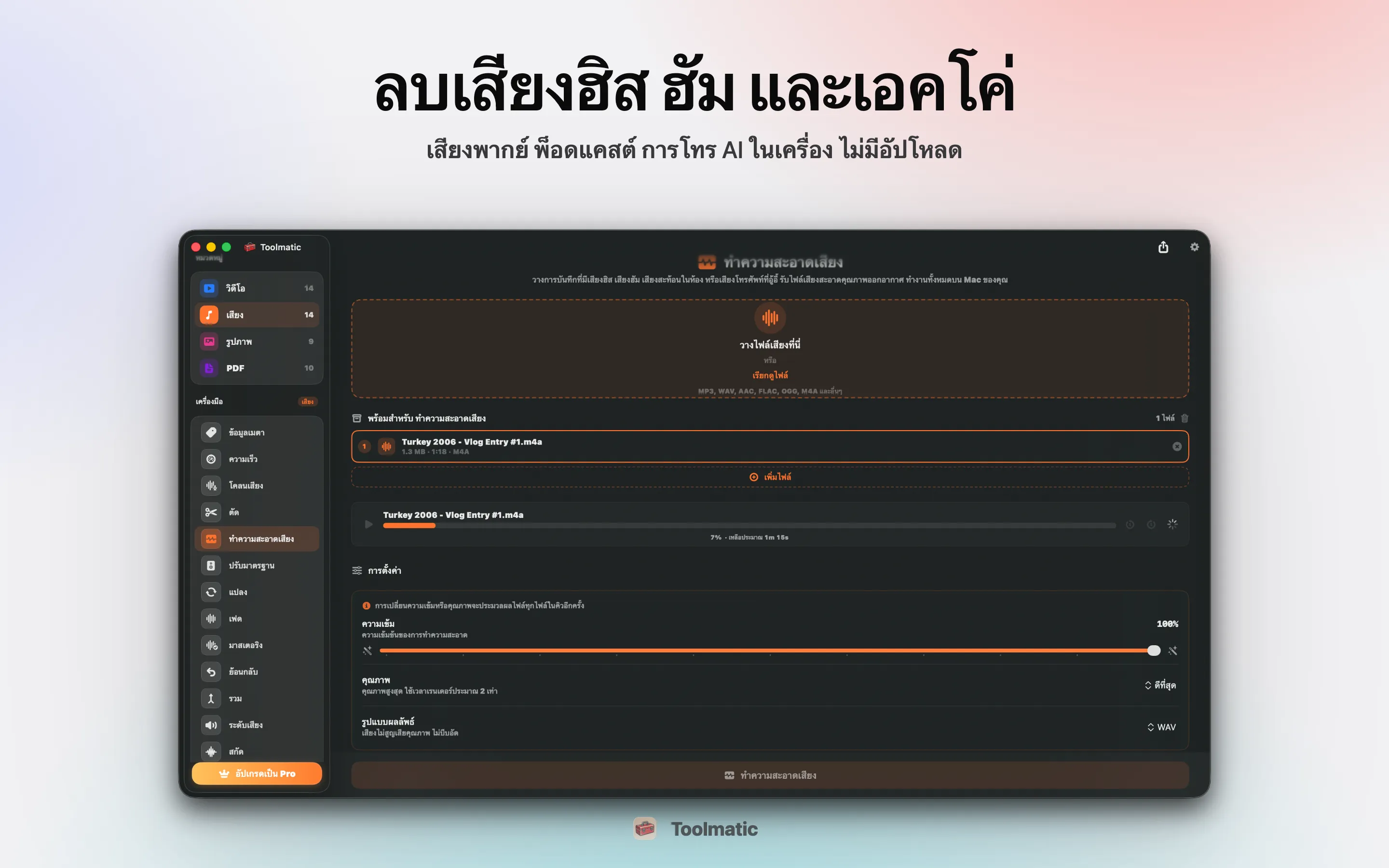 Voice Cleanup, ไม่มี hiss, hum, echo และ clipping