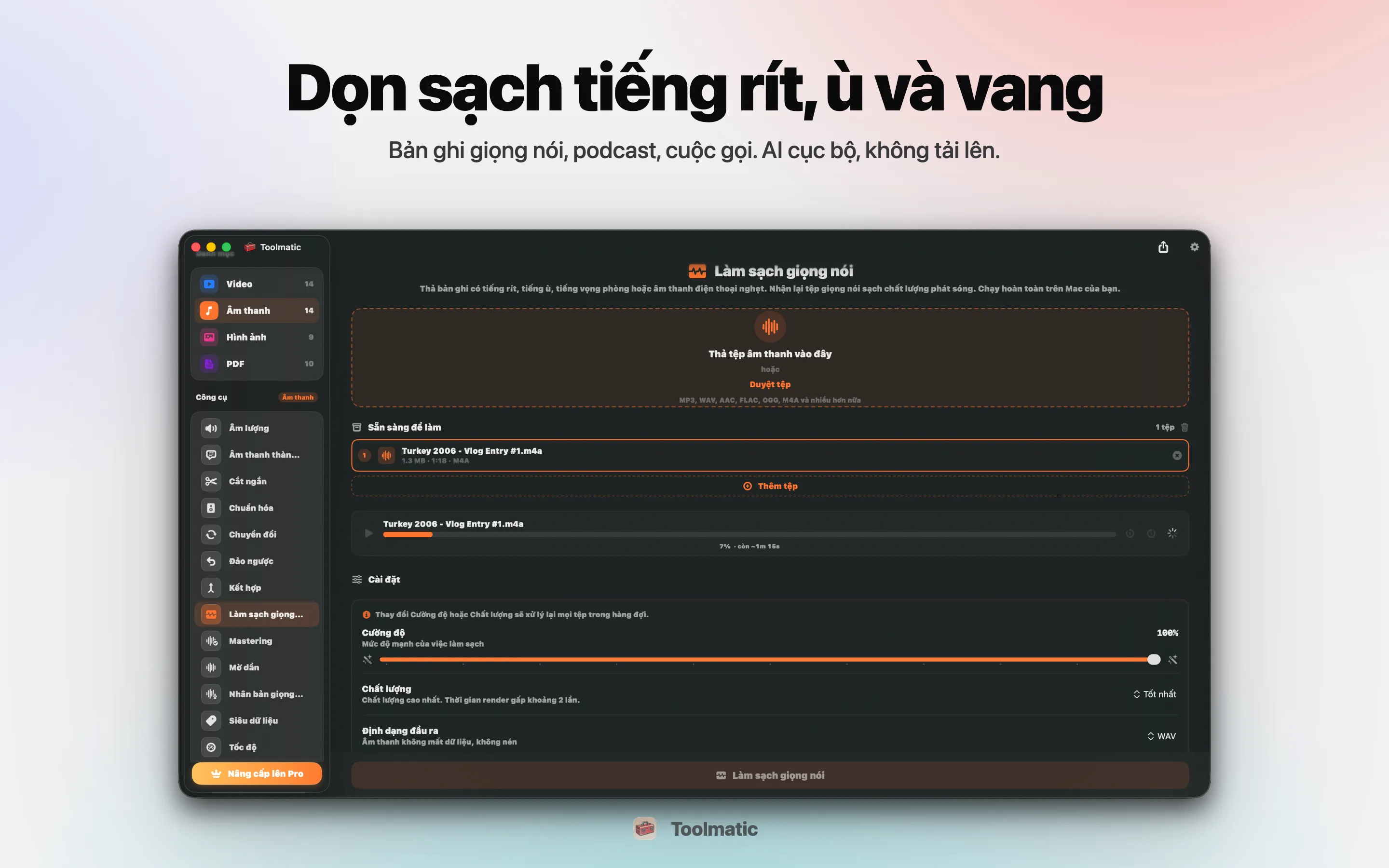 Voice Cleanup, hết hiss, hum, echo và clipping