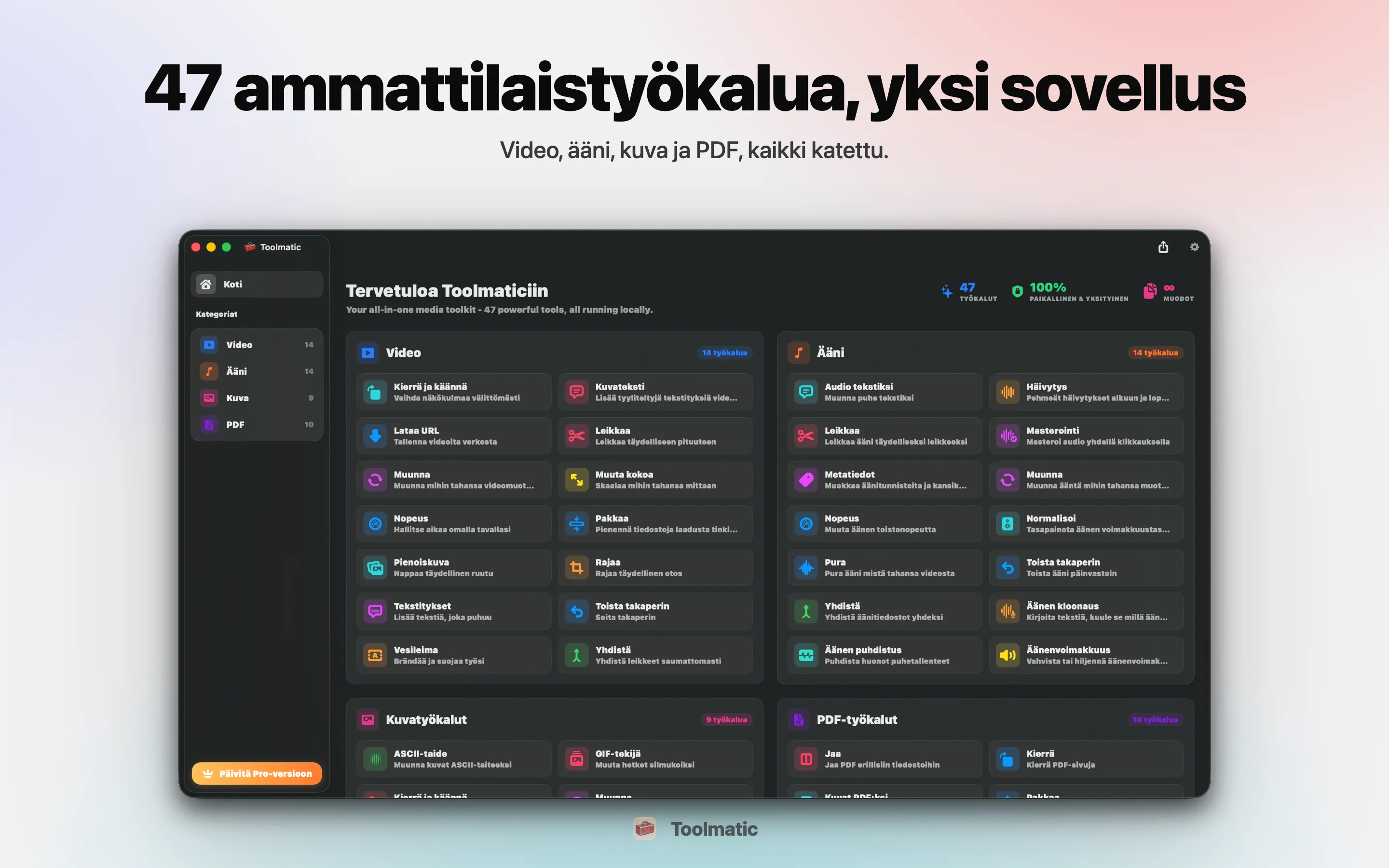 [ TUOTEKUVA, Toolmaticin pääikkuna macOS Sonomassa, 2560x1440 ]