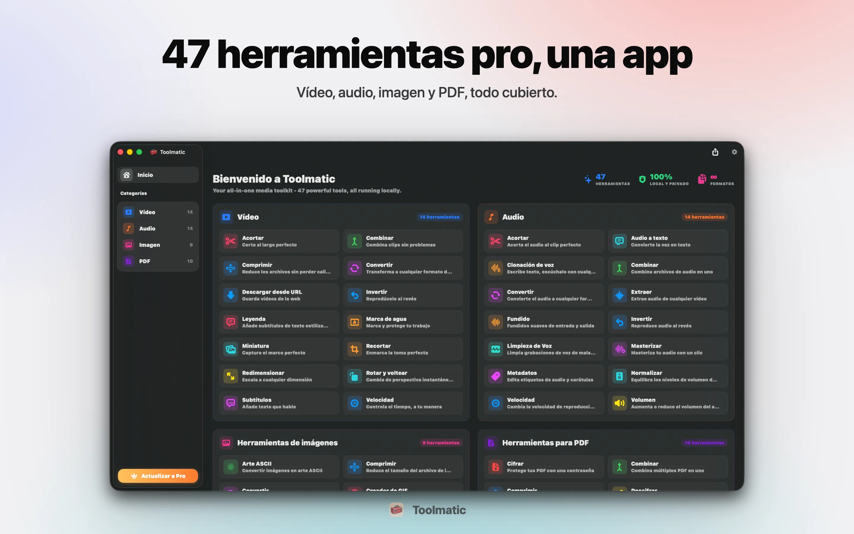 [ IMAGEN DE PRODUCTO, ventana principal de Toolmatic en macOS Sonoma, 2560x1440 ]